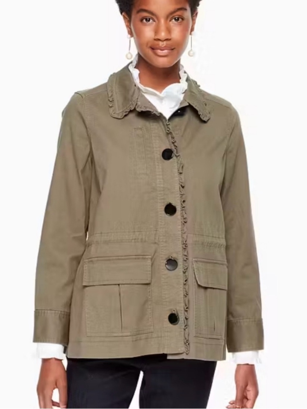 kate spade Broome Street Womens Olive Green Ruffle-Trim Utility Jacket